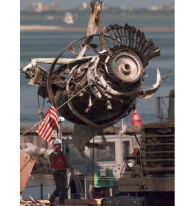 The final engine to be salvaged from the wreckage of TWA Flight 800 is loaded by crane onto a truck at the U.S. Coast Guard Shinnecock Station in Hampton Bays, N.Y., in 1996.