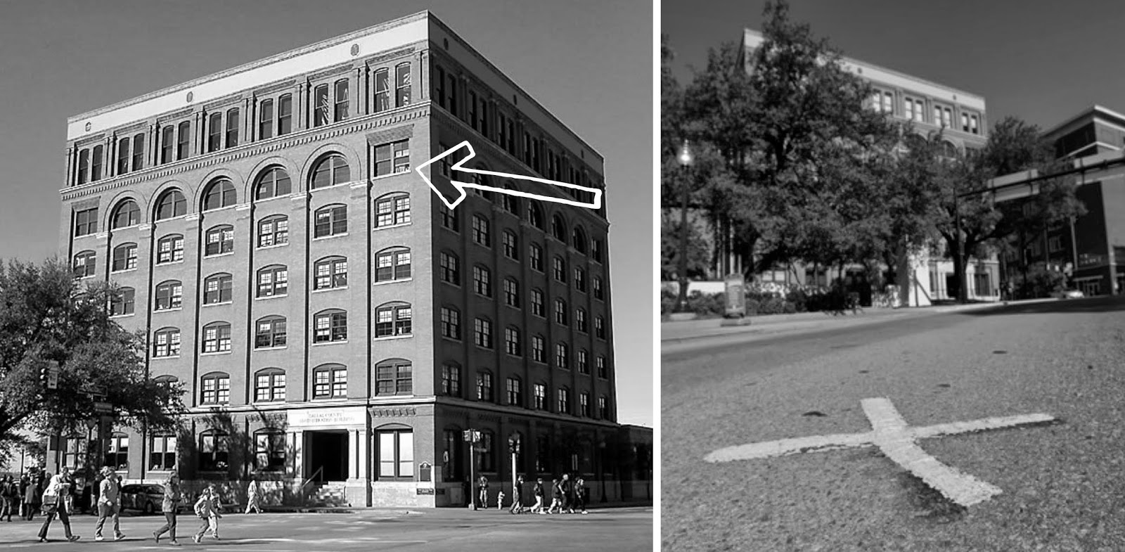Dallas School Book Depository Building – Left – Arrow pointing to the window in which the shots were fired. Right – The “X” showing where the President was hit with open window in the book depository.
